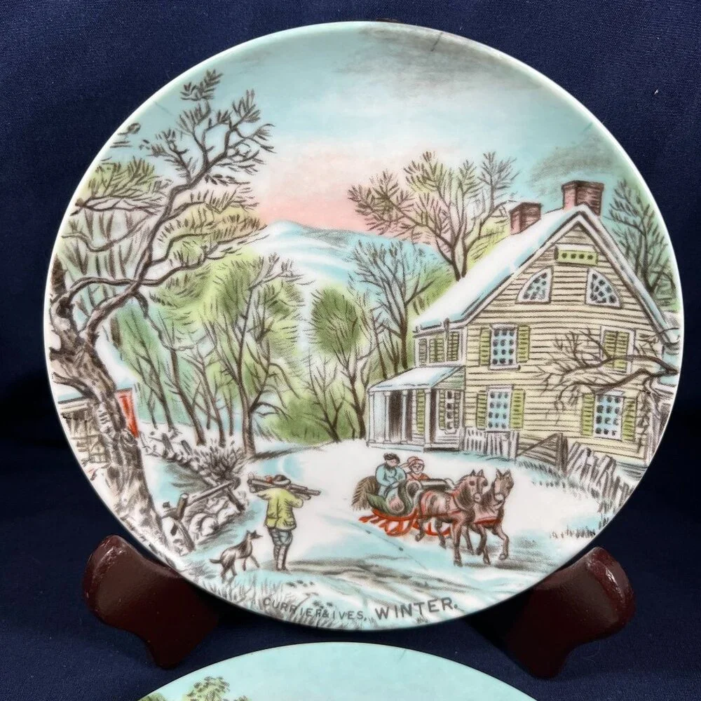 Currier & Ives Decorative Plates Set Of 2 Summer & Winter Scenes Porcelain Ready - Picture 2 of 5